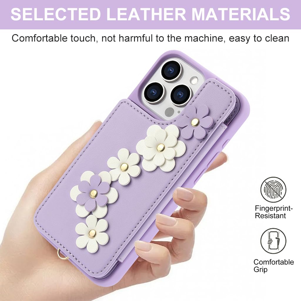 HASTHIP® Funda para iPhone 16 Pro, billetera con tarjetero, bonito bolso bandolera con diseño floral para mujer
