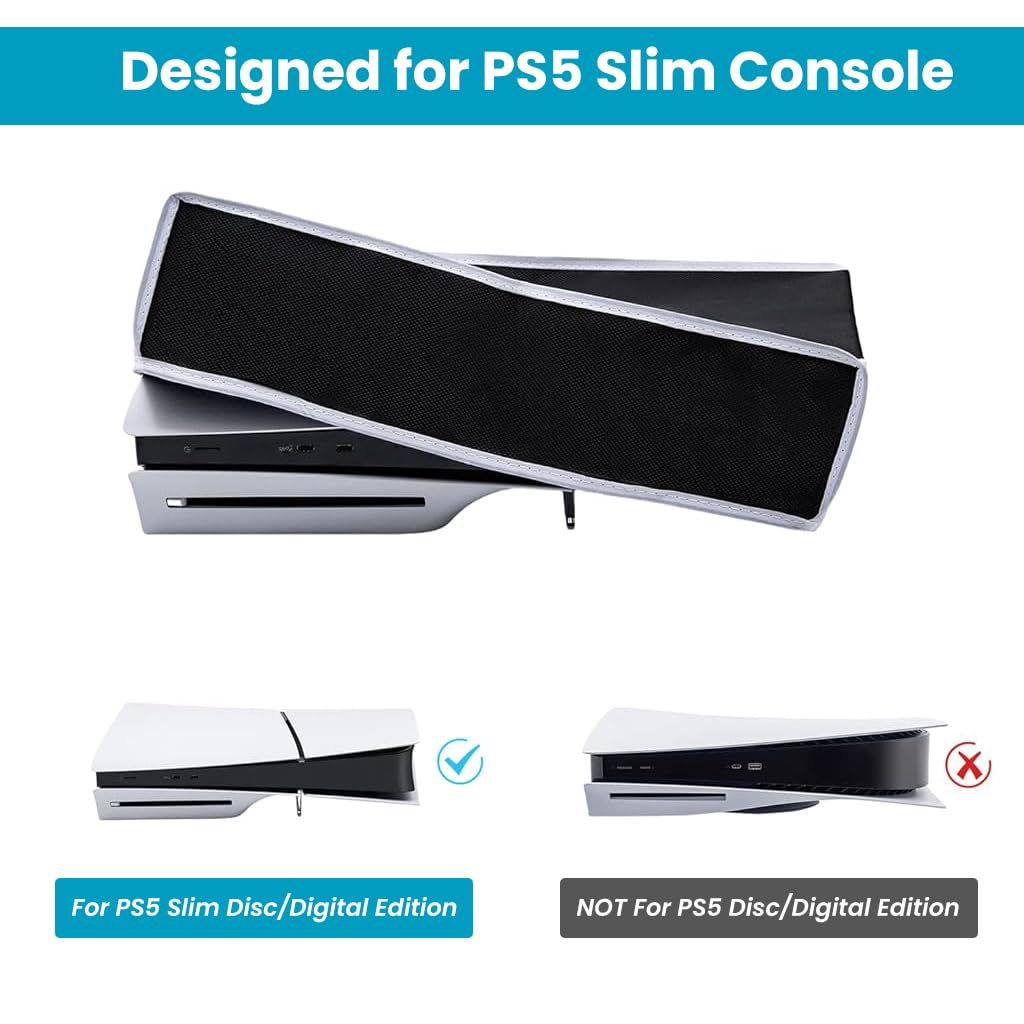 HASTHIP® Funda Antipolvo para PS5 Slim,Cubierta Protectora de Tela Oxford 1680D para Consola PlayStation 5 Slim Digital y con Disco,Ajuste Preciso con Abertura Cables (Negro)