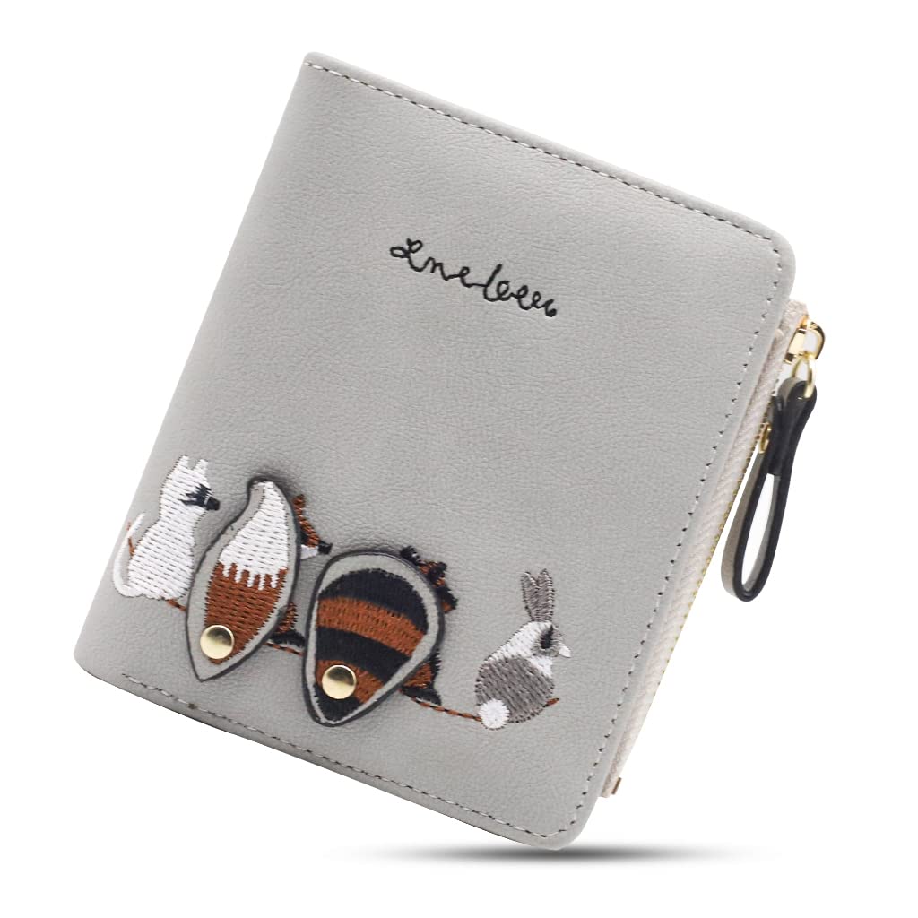 HASTHIP® Cartera para Mujer de Cuero PU,Mini Monedero con Bordado de Animales,Billetera Pequeña Plegable con Bloqueo RFID Tarjetero Cremallera y Ventana Identificación Regalo