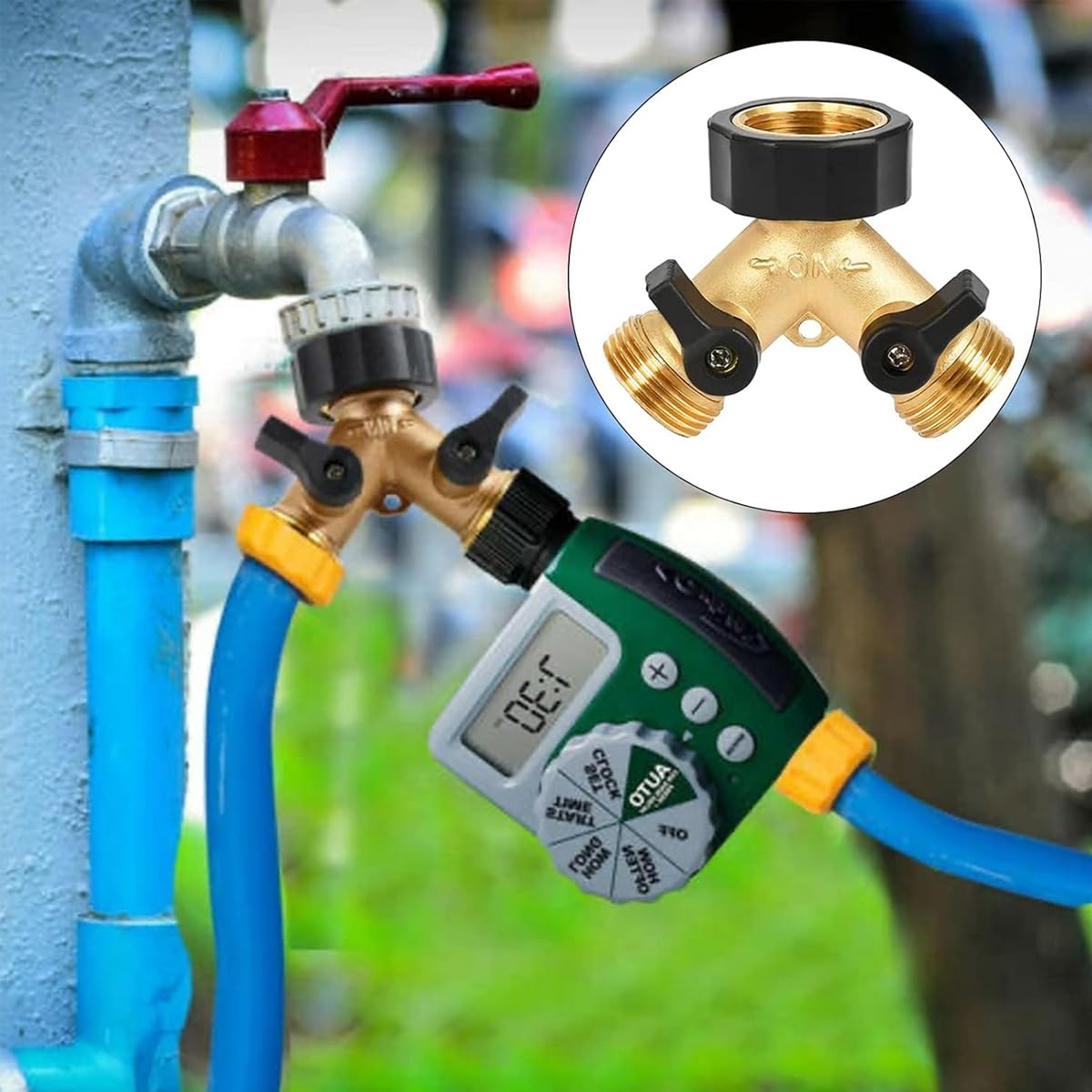 HASTHIP® Garden Hose Splitter with Individual Shut-off Valves 2 Way Hose Splitter Garden Faucet Splitter Universal 3/4'' Brass Garden Hose Splitter with 4 Gaskets & 1 Roll Tape