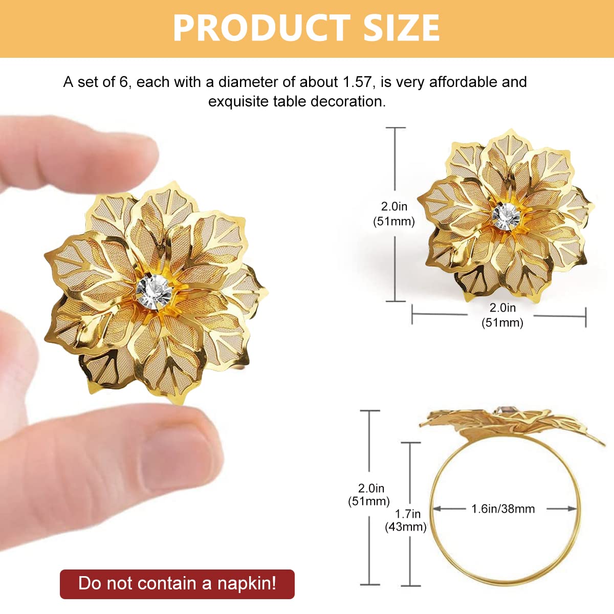 HASTHIP Napkin Rings for Dinner Table featuring Flower Rhinestone Design 6 Pcs Gold Set