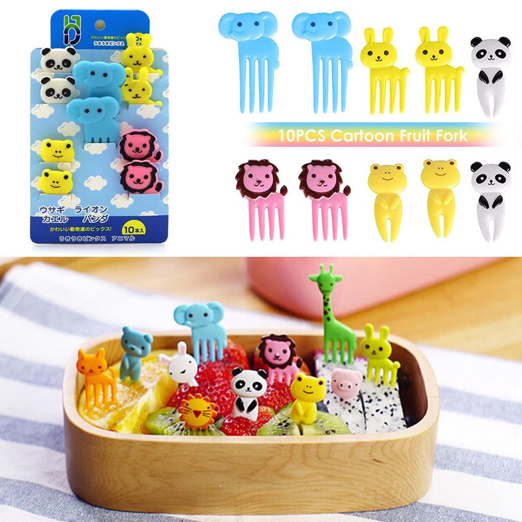 HASTHIP Food Fruit Forks for Kids with Safe Rounded Tips and Cute Cartoon Handles | 10 Pcs Reusable BPA-Free Plastic