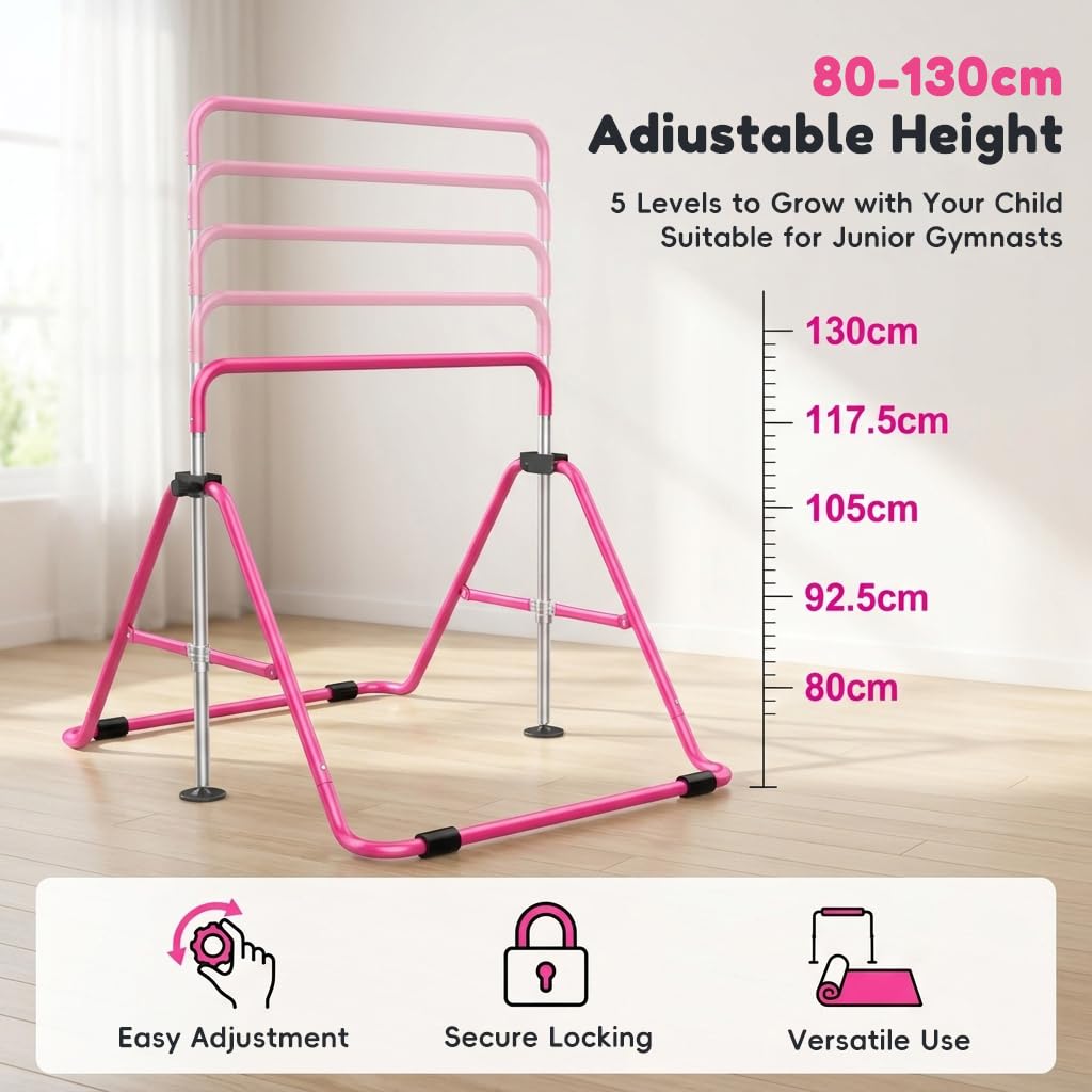 HASTHIP® Kids Gymnastics Horizontal Bar, 80-130cm Adjustable Height Training Bar for Children, Junior Kip Bar with Sturdy Steel Frame & Non-Slip Base, 330lbs Loading Capacity