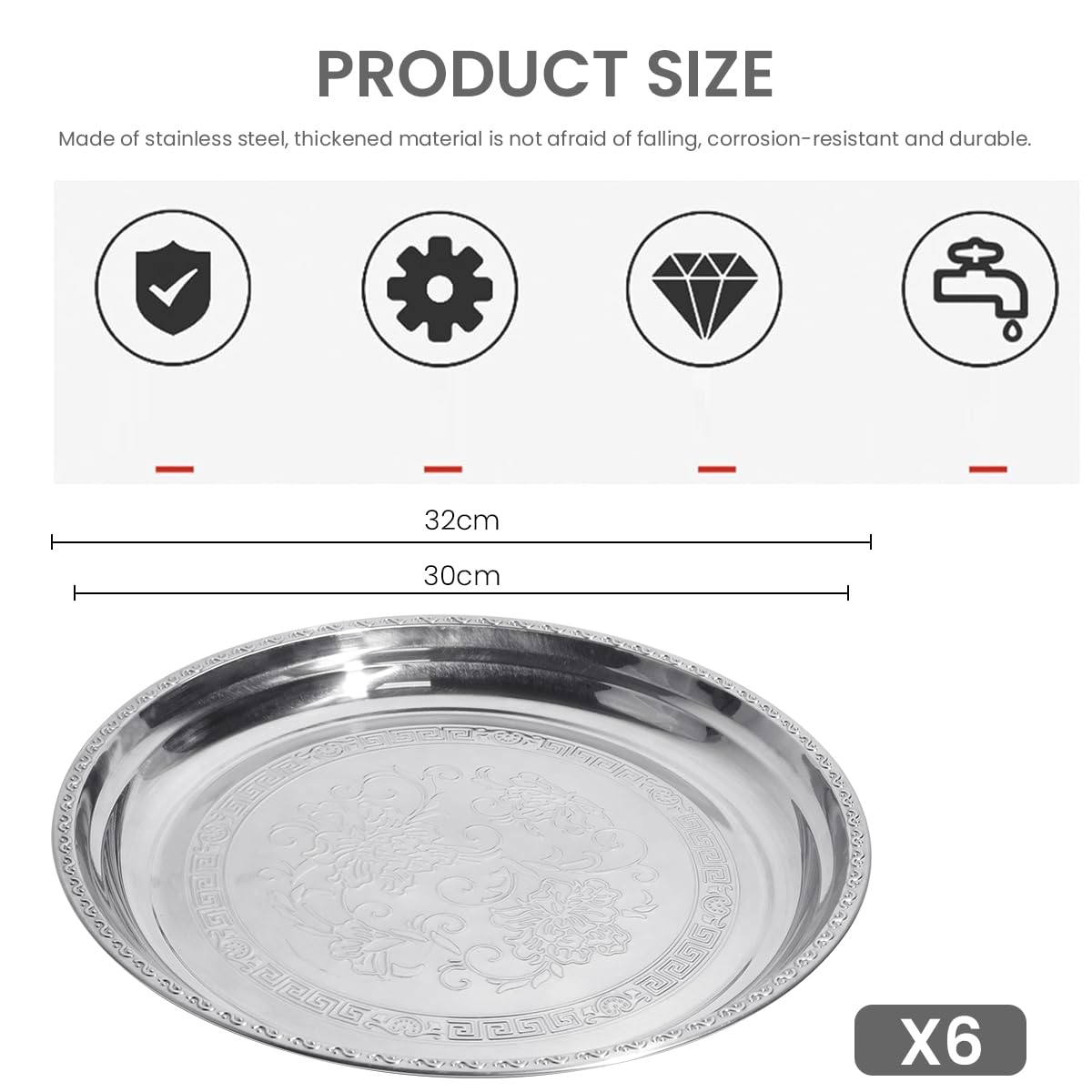 HASTHIP® 11.8 Inches Round Shape Embossed Serving Trays Food Grade, 6Pcs Stainless Steel Dinner Plates, Dishwasher Safe Ideal for Special Occasions and Everyday Use