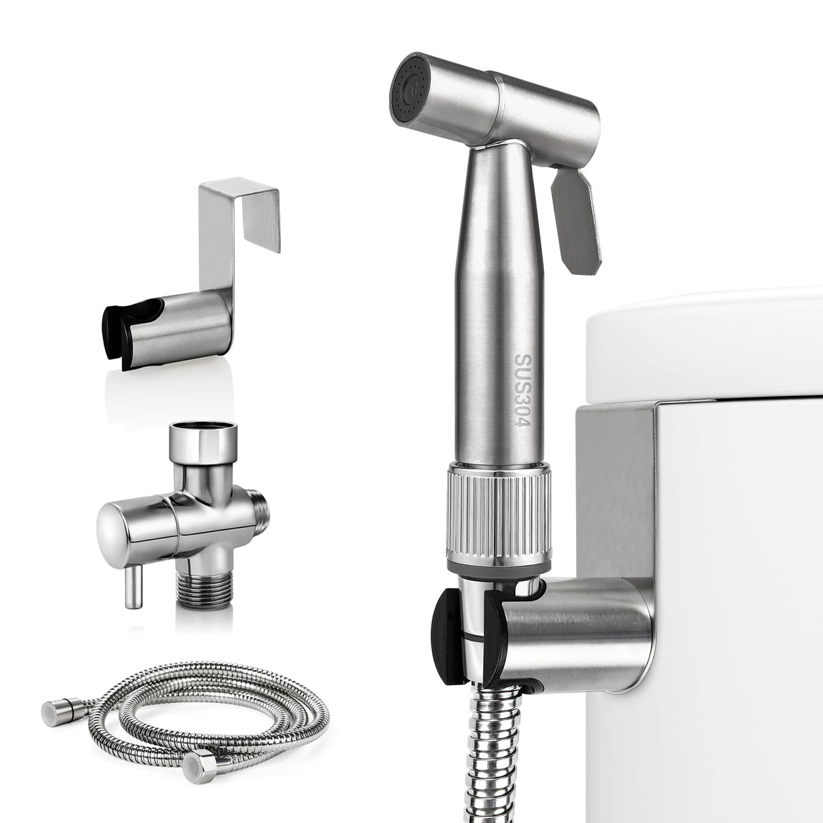 HASTHIP® Toilet Spray Gun Pressurized Handheld Toilet Sprayer Bidet Hose Stainless Steel Handheld Rinser No Drill Universal G1/2'' Toilet Spray Sprayer for Installation Kit, 4ft Soft Hose