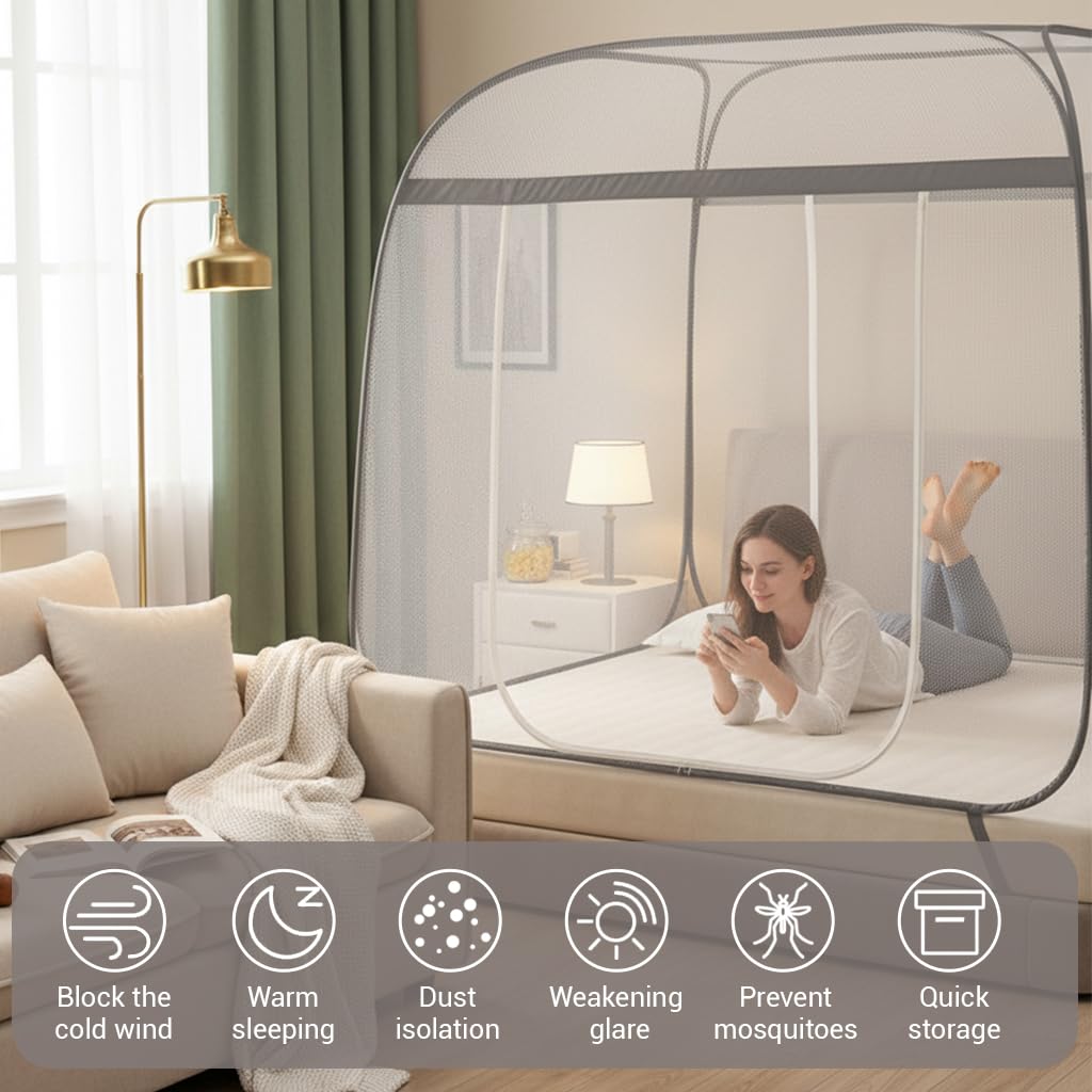HASTHIP® Double Bed Mosquito Tent Net with Frame,Roofed Fine Mesh Canopy Mosquito Net,No Bottom Design Elastic Strap Fixation Zip-up Dual Door Pop-Up Bed for Bedroom 180x200x145cm