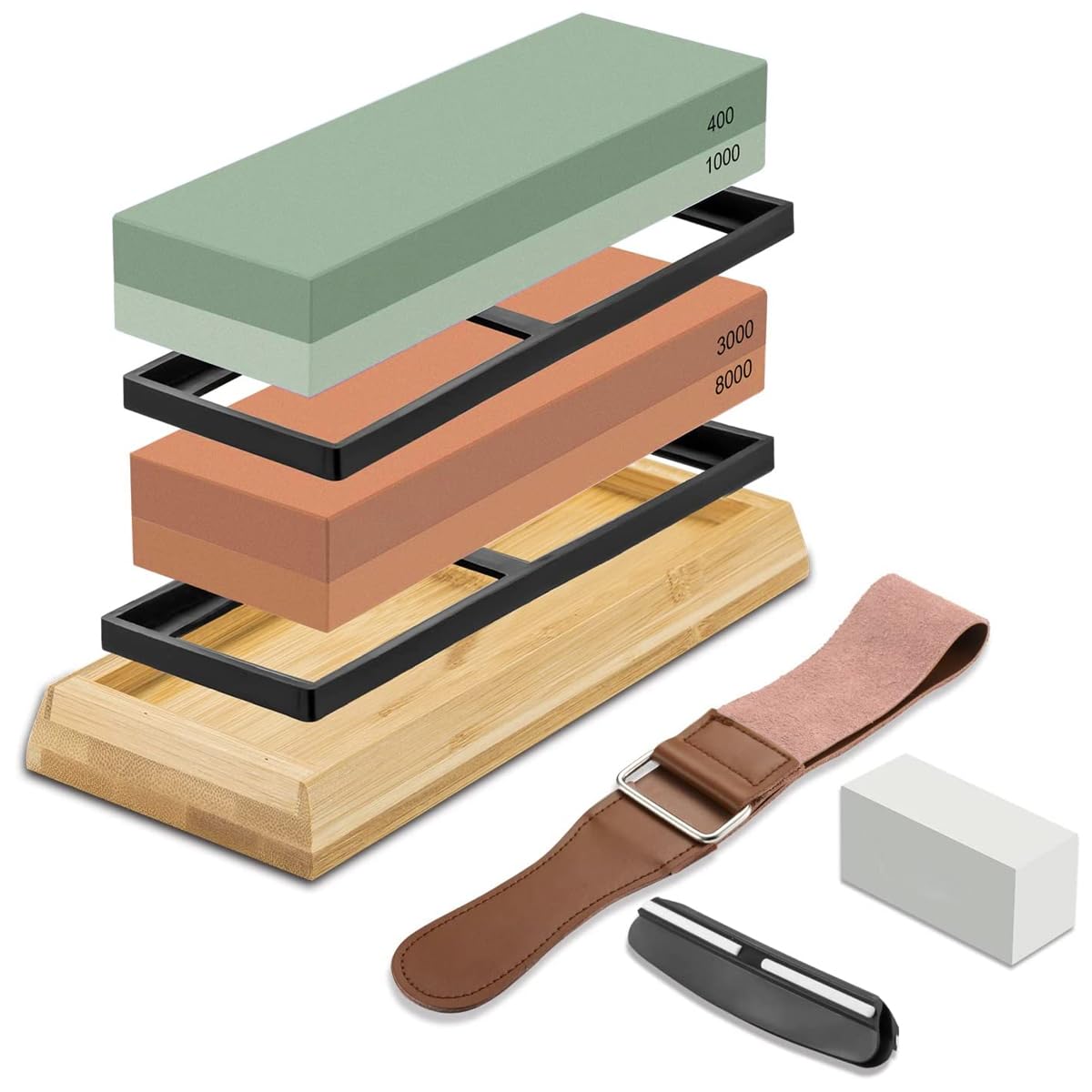 HASTHIP Knife Sharpeners for Kitchen with 400/1000 and 3000/8000 Grit Stones featuring Non Slip Bamboo Base and Leather Strop | Ideal for Chefs