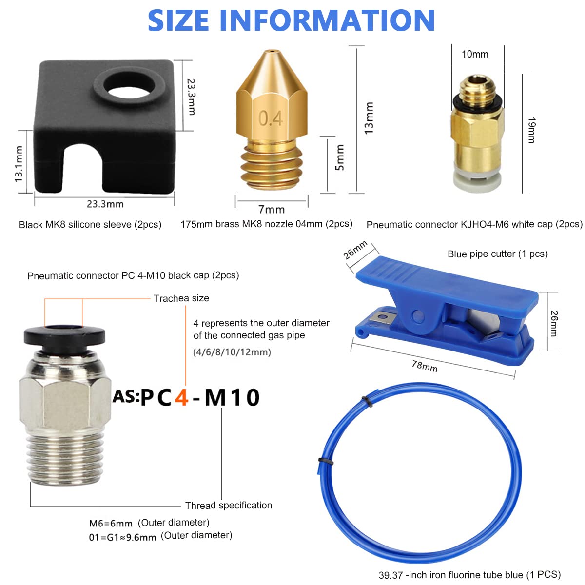 Upgrade 3D Printer Kit with Capricorn Premium XS Bowden Tubing 1M, PTFE Teflon Tube Cutter, Pneumatic Fittings and MK8 Socks and Extra Nozzles for Ender 3/3 Pro/ 5/ Vyper/Voxelab Aquila