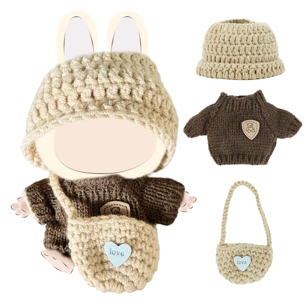 HASTHIP® Ropa para Muñecas de 17 cm, Conjunto de Ganchillo 3 Piezas con Sombrero, Ropa y Mochila, Traje Hecho a Mano para Peluches, Accesorios Bonitos y Modernos (Marrón, Sin Muñeca)