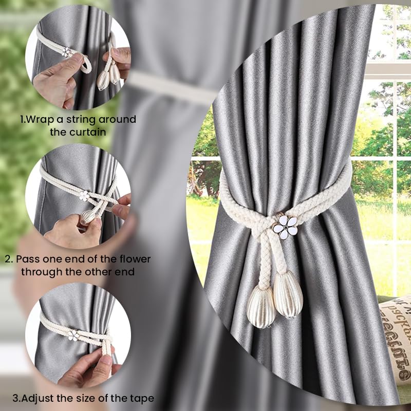 HASTHIP Curtain Tie Backs for Living Room and Bedroom featuring Sliding Floral Buckles | 4PCS Cotton Rope Holdbacks with Weighted Ends