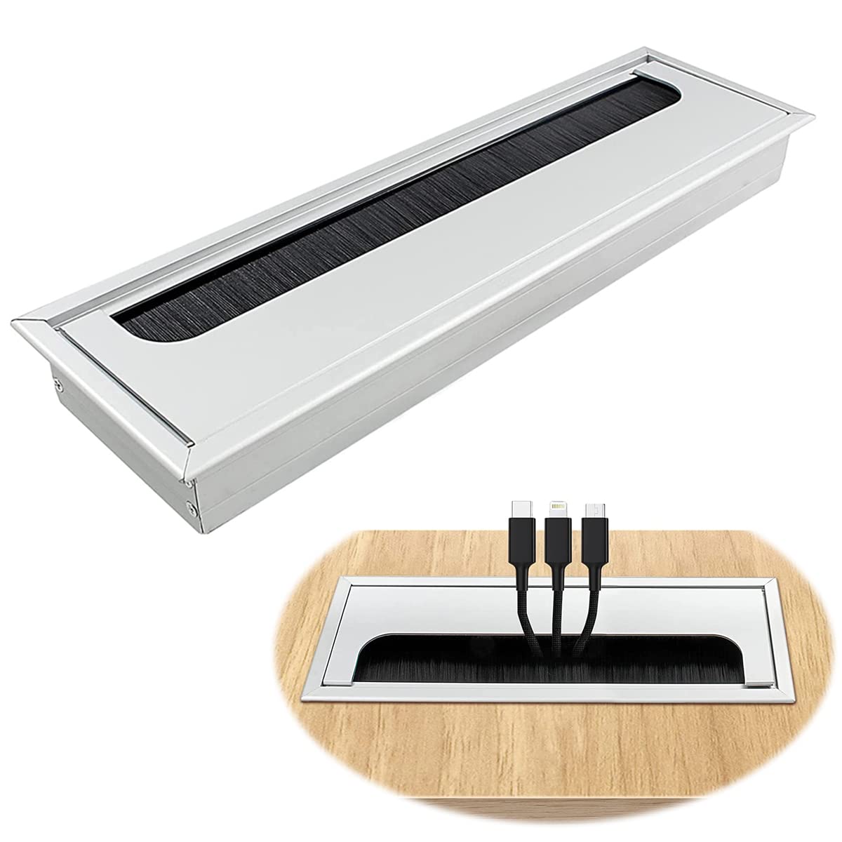 HASTHIP Rectangular Wire Cable Hole Cover for Office Desk with Flip Lid and Brush 280x80mm Silver
