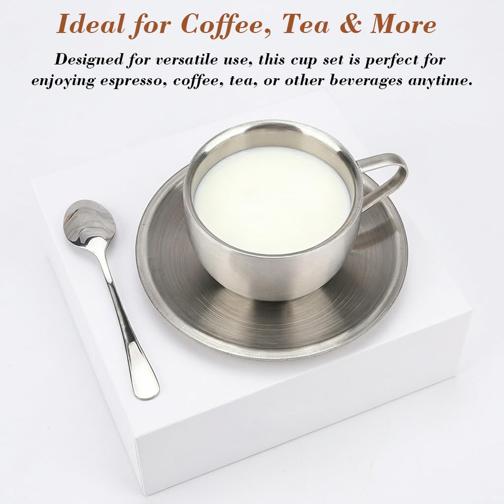 HASTHIP® Stainless Steel Coffee Cup Set, 6oz/180ml Double Wall Insulated Espresso Mugs with Saucer and Spoon, Durable Reusable Coffee Cups for Latte Cappuccino Milk Tea, Dishwasher Safe Silver
