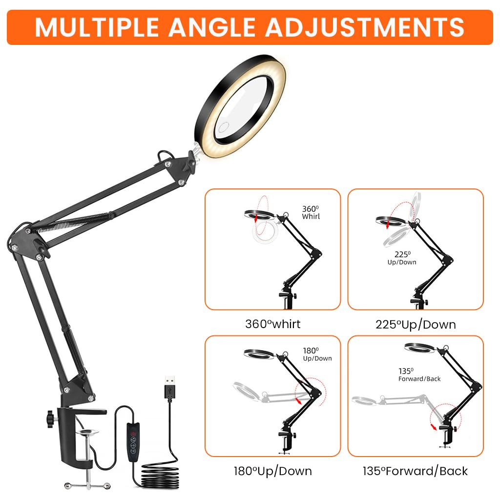 HASTHIP Desk LED Magnifier for Repairing and Reading with 15X Lens and Flexible Arm | USB 3‑Color Lighting