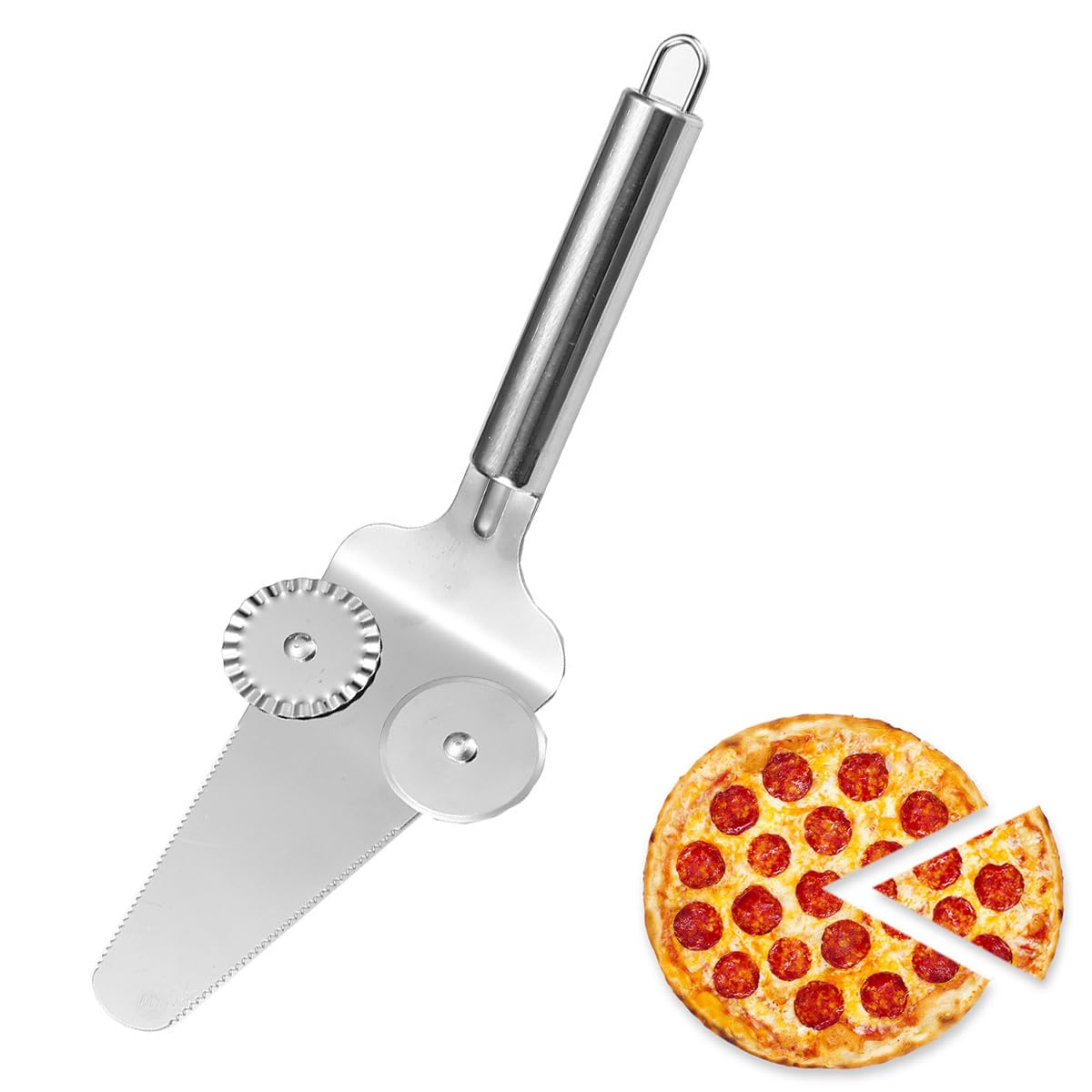 HASTHIP® Pizza Cutter Wheel 2 in 1 Stainless Steel Pizza Shovel, Dual Wheel Design Pizza Cutter Cake Shove, Dishwasher Safe, Perfect for Cakes & Desserts, Dishwasher Safe