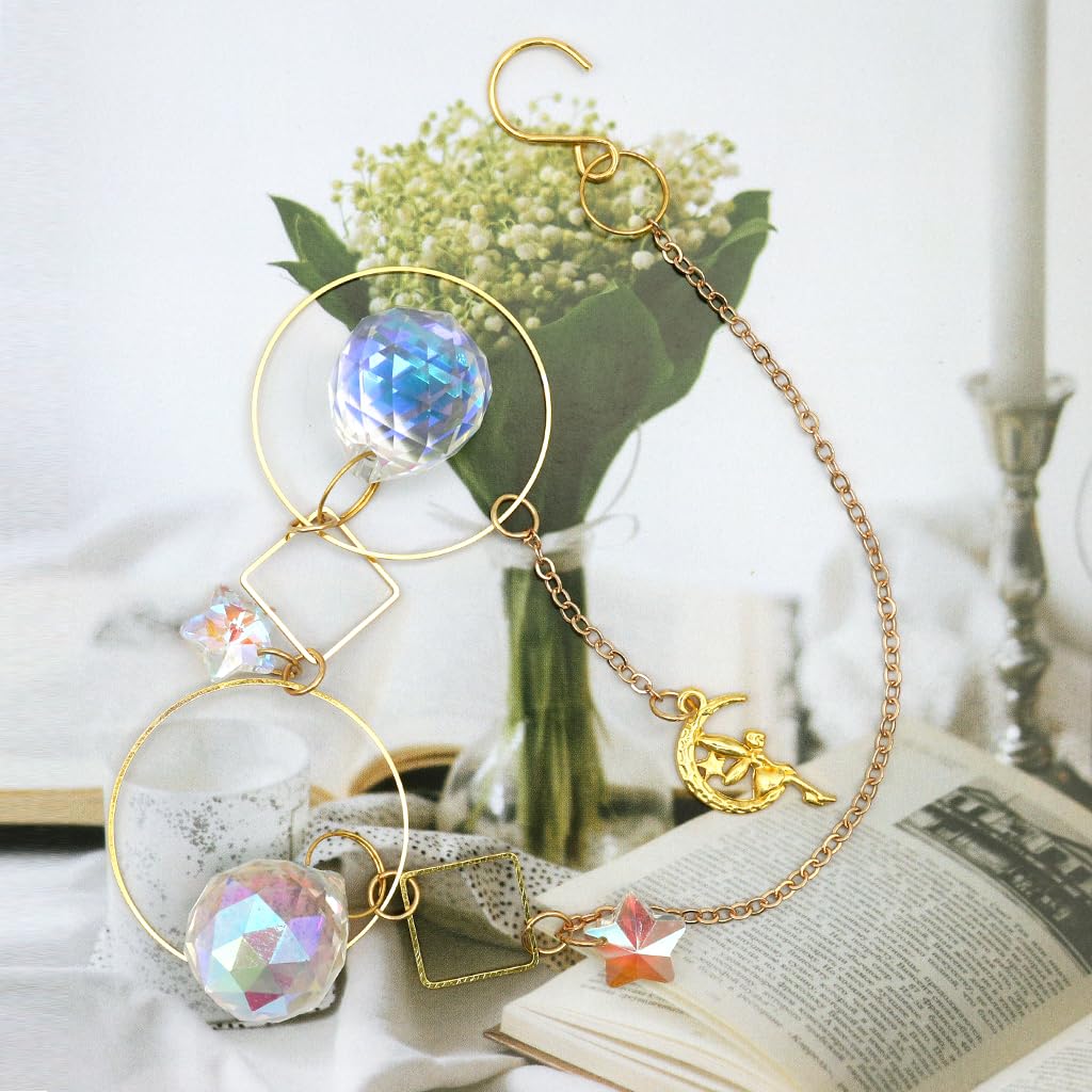 HASTHIP Sun Catcher for Home Decor 12.9 in Hanging with Multi Faceted Star Charm | Colorful Reflective Room Decoration