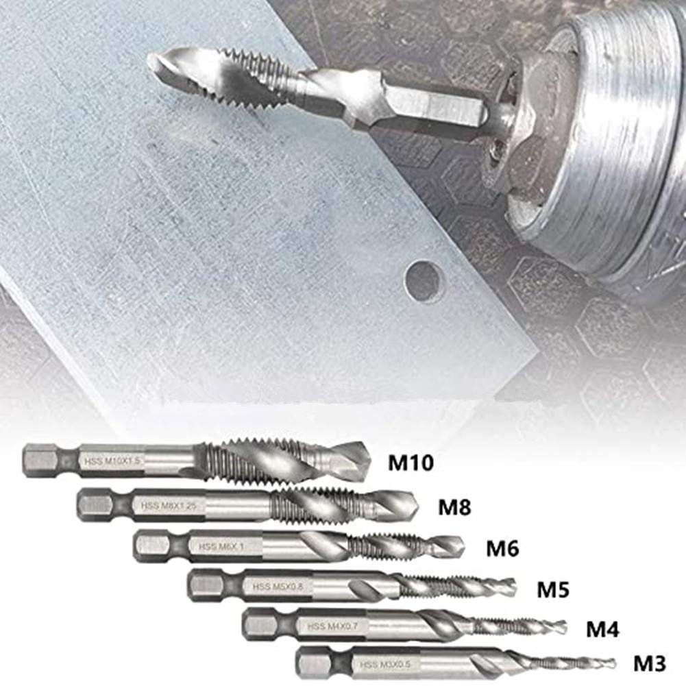 6 Pcs Spiral Tap Drill Bit Set, Titanium Coated HSS Fluted Machine Screw Tap Kit, 1/4" Hex Shank Countersunk Tap Drill Bit, Drill Taps Metric M3 M4 M5 M6 M8 M10 (Silver)