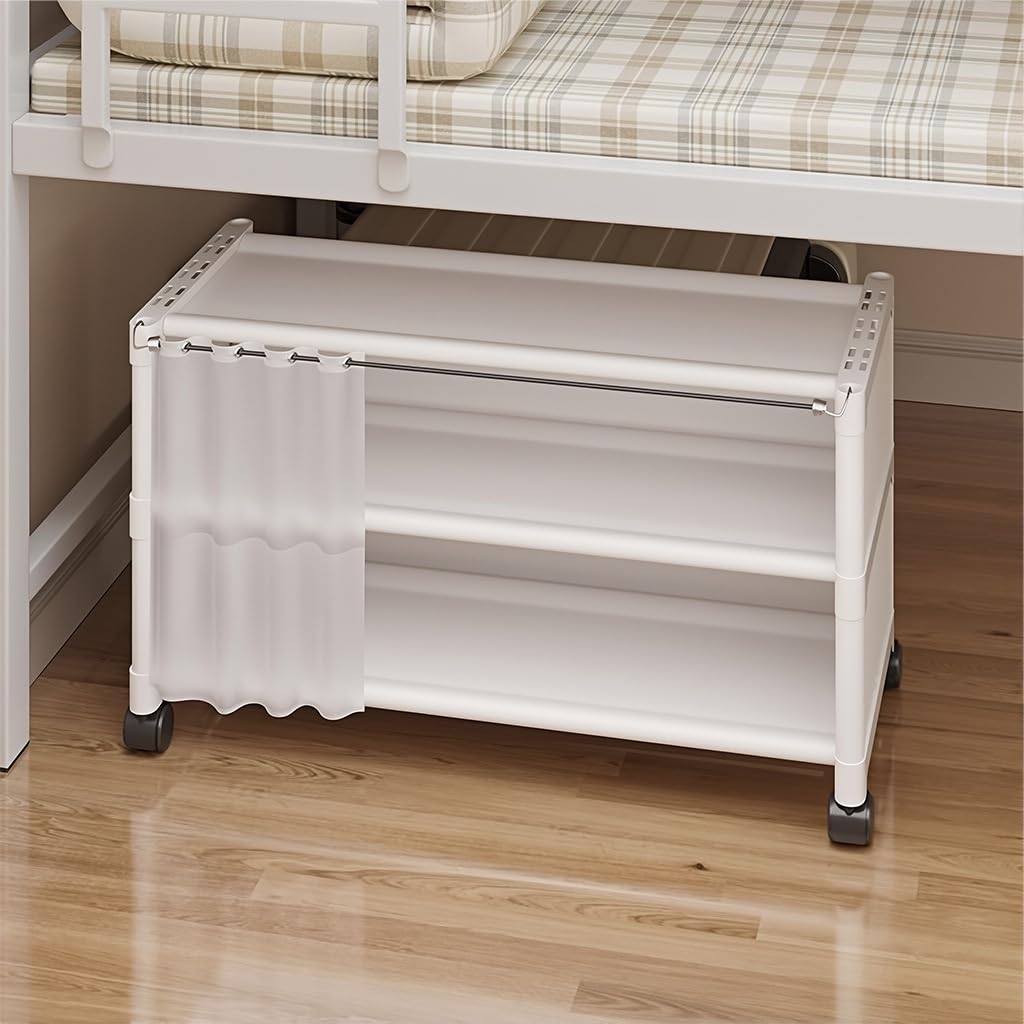 HASTHIP Portable Shoe Rack for Under Bed Storage with Wheels and Dustproof Curtain | 3 Tier Black