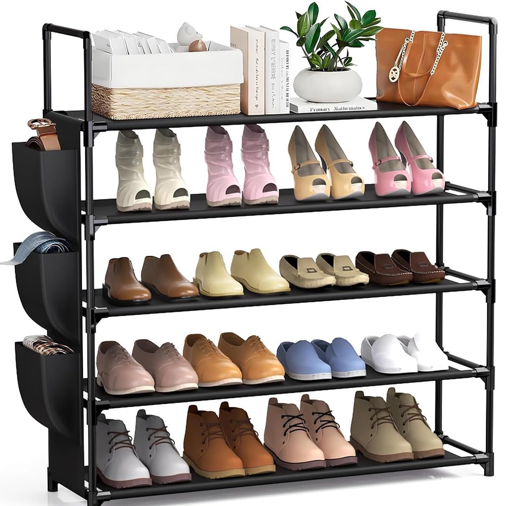 HASTHIP Shoe Rack for Entryway with 5 Tiers and 3 Side Pouches 85x28x88cm Non Woven Fabric