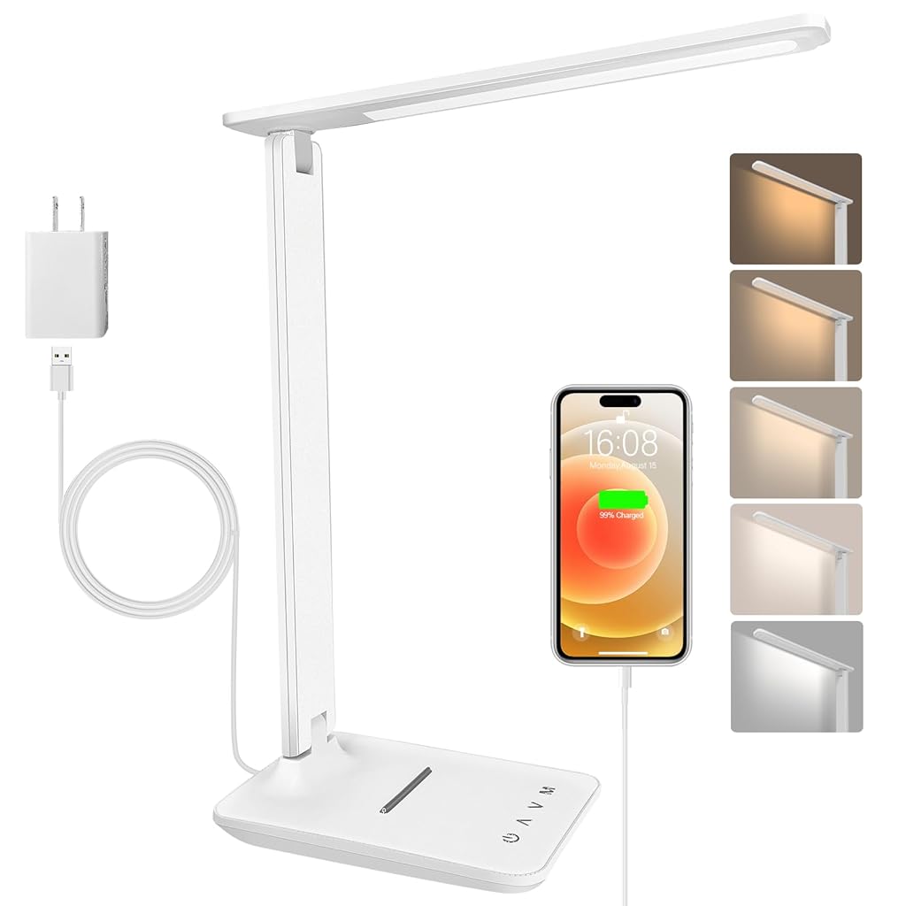 HASTHIP® Desk Lamp LED Dimmable Eye Protection, Desk Lamp with 5 Colours and 5 Brightness Levels, Table Lamp with USB Charging Port, Touch Control for Children, Bedroom, Reading, Offices (White)