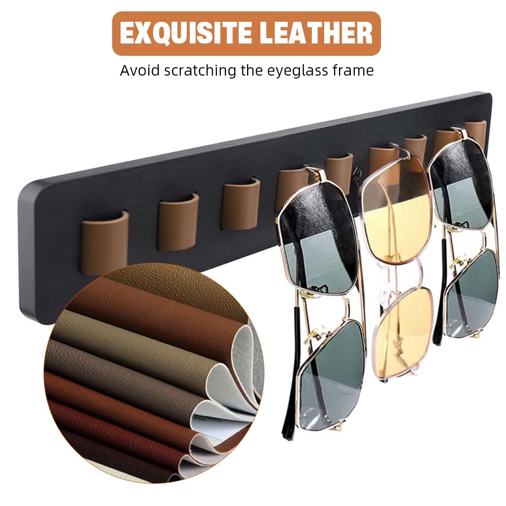 HASTHIP Wall Mounted Sunglasses Organizer for Bedroom with 9 PU Loops and Wooden Rack | No Drill Eyewear Display