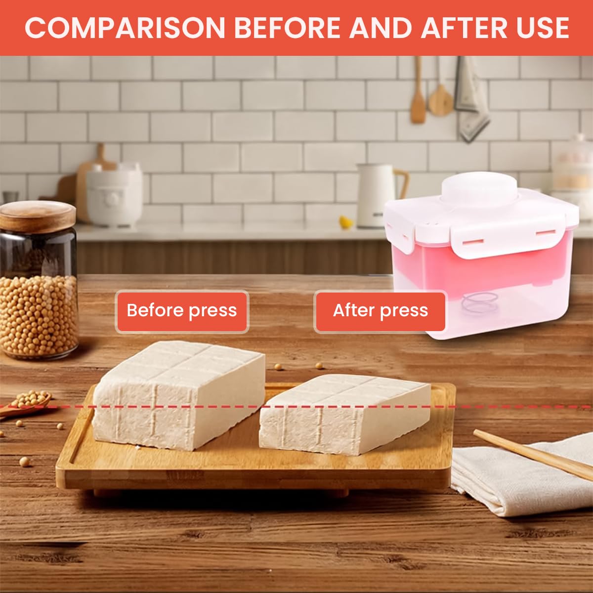 HASTHIP® Tofu Press Tofu Maker Tofu Shaper Drainer Food-grade Fresh Tofu Mold Stainless Steel Spring-loaded Tofu Press for Homemade Tofu Salad, Vegan Diet, 15.5x13.5x13.5cm, Red