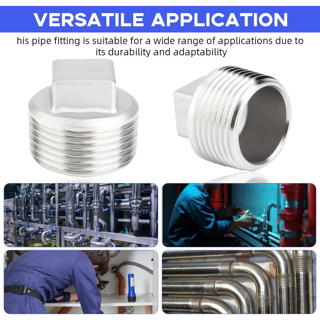 HASTHIP® 2pcs 304 Stainless Steel Pipe Fitting, 3/4'' Square Head Cored Plug Pipe Fastener to Seal The End of The Pipe
