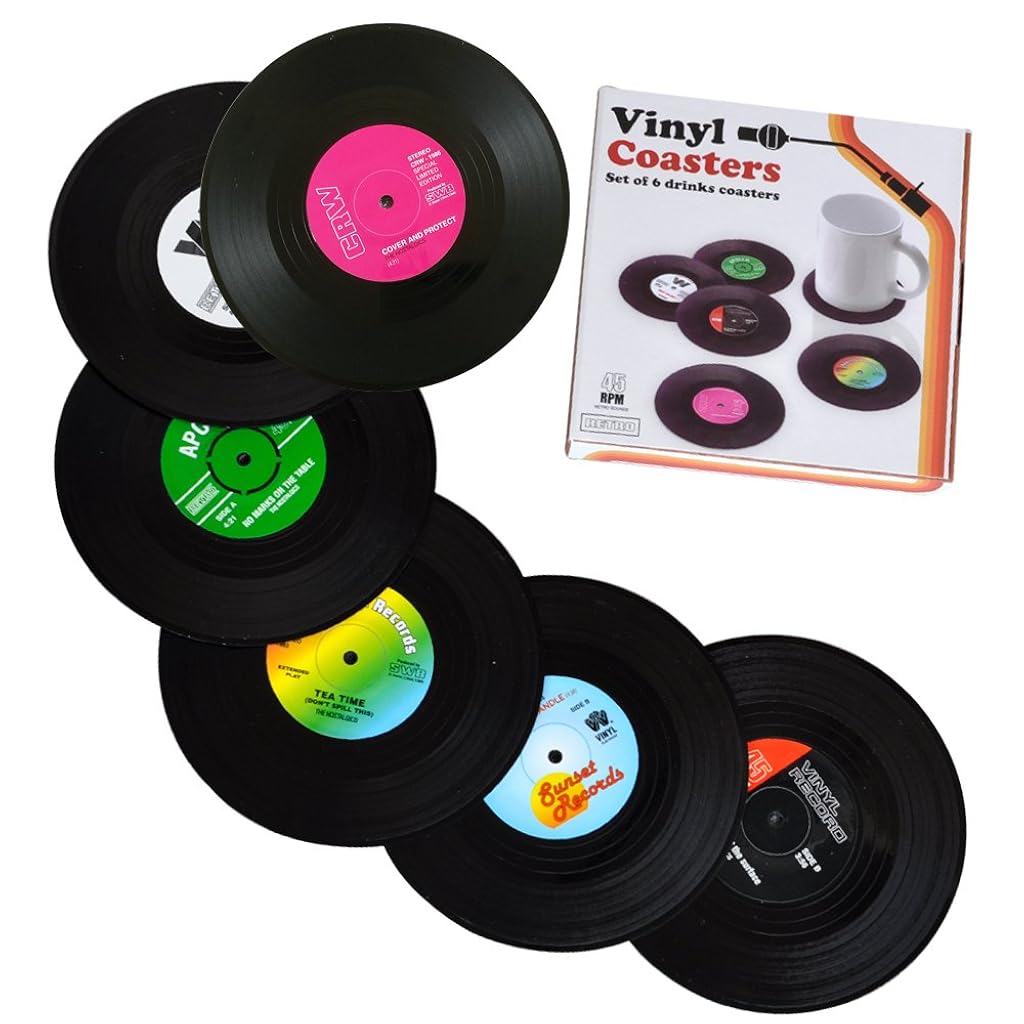 HASTHIP® RetroMusic 6pcs Drink Coasters Set, Solid Vinyl Record CD Design, Absorbent Non-Slip Table Mat for Home, Coffee Table, Bar, Office Decor, Perfect Housewarming Gift
