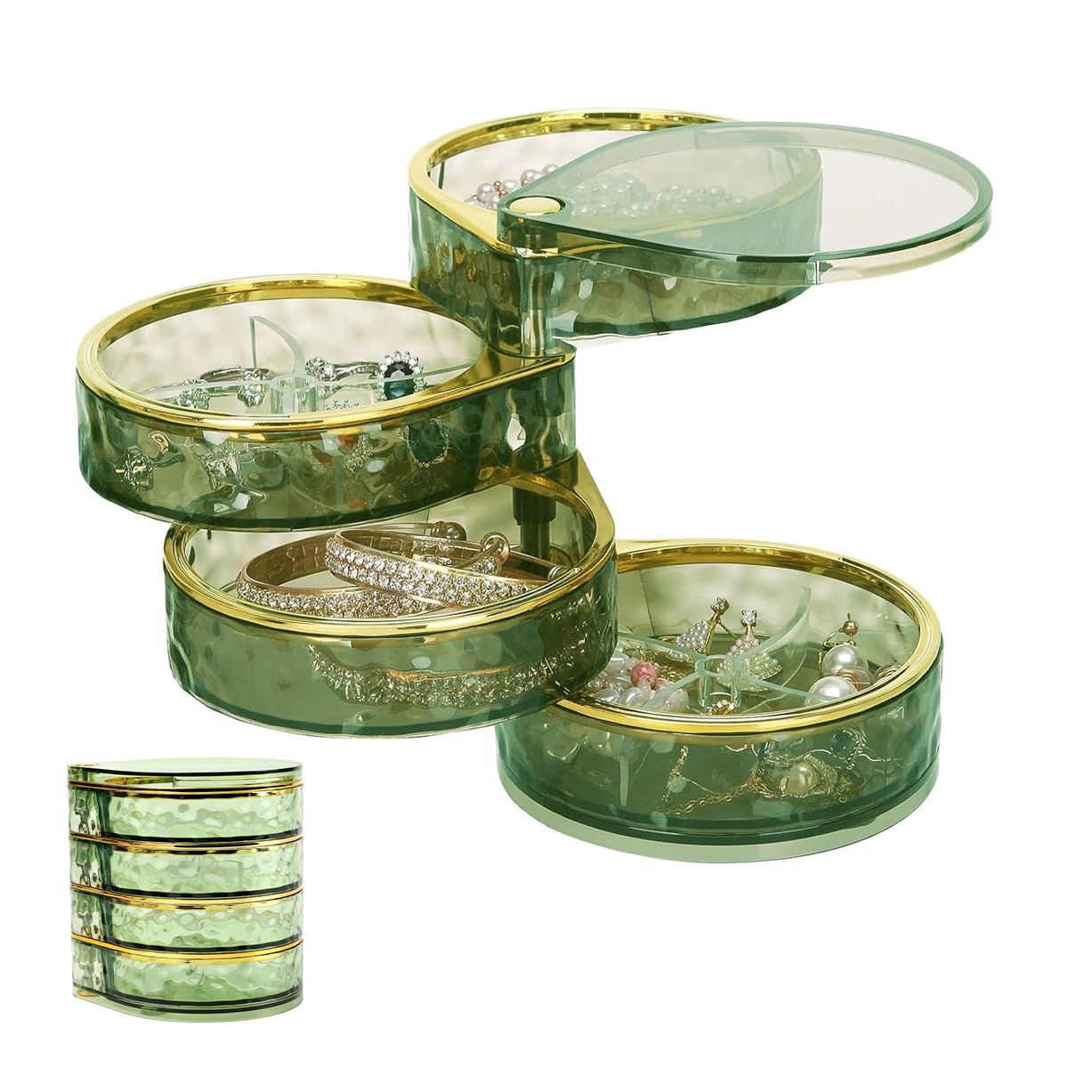 HASTHIP® 4-Tier Jewelry Organizer Case for Multi-Layer Jewelry Storage Box with Green Hammered Acrylic Design, Swivel Round 4-Tier Layout and Dustproof Lid for Earrings Rings Necklaces