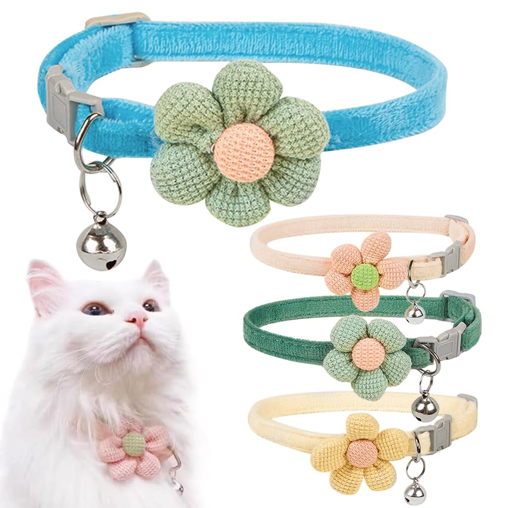 HASTHIP® Collar para Gatos 4 Piezas Ajustables con Flor de Ganchillo y Campana,Collar Suave y Cómodo para Mascotas,Regalo Ideal Amantes de los Gatos