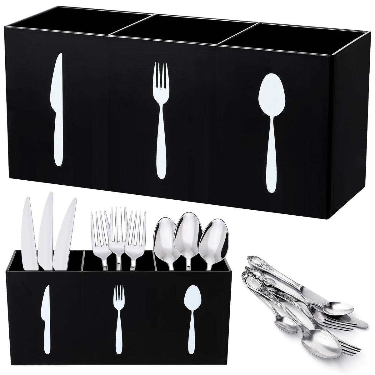HASTHIP® Acrylic Cutlery Storage Organizer Bin Silverware Caddy Countertop Spoon and Fork Holder Kitchen 3 Section Tableware Storage Box for Cabinet Indoor Home Flatware Dining Room (Black,M)