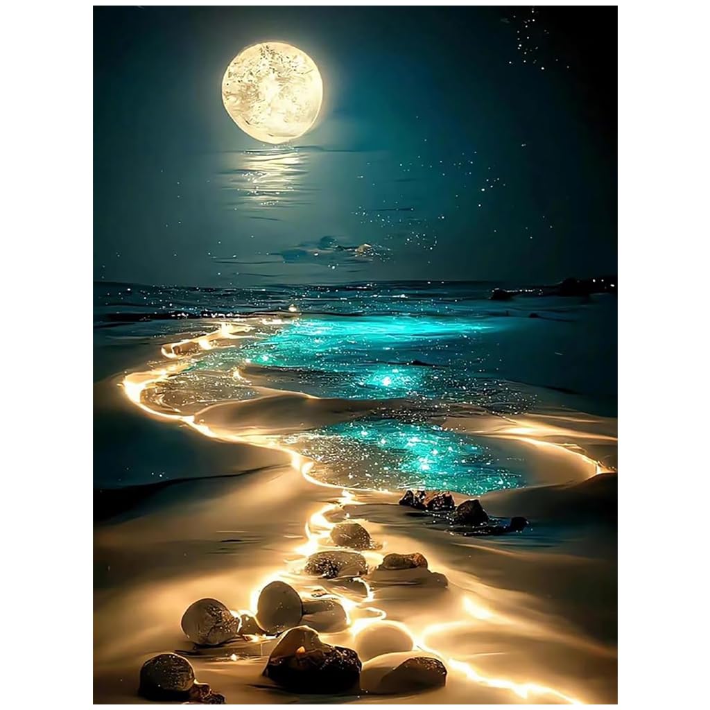 HASTHIP® DIY 5D Diamond Painting Art Kit Dreamy Beach Moonlit Night Diamond Painting Beginner DIY 5D Diamond Painting for Home Decor, No Frame Wall Decor 5D Diamond Painting, 12 x 16 Inch