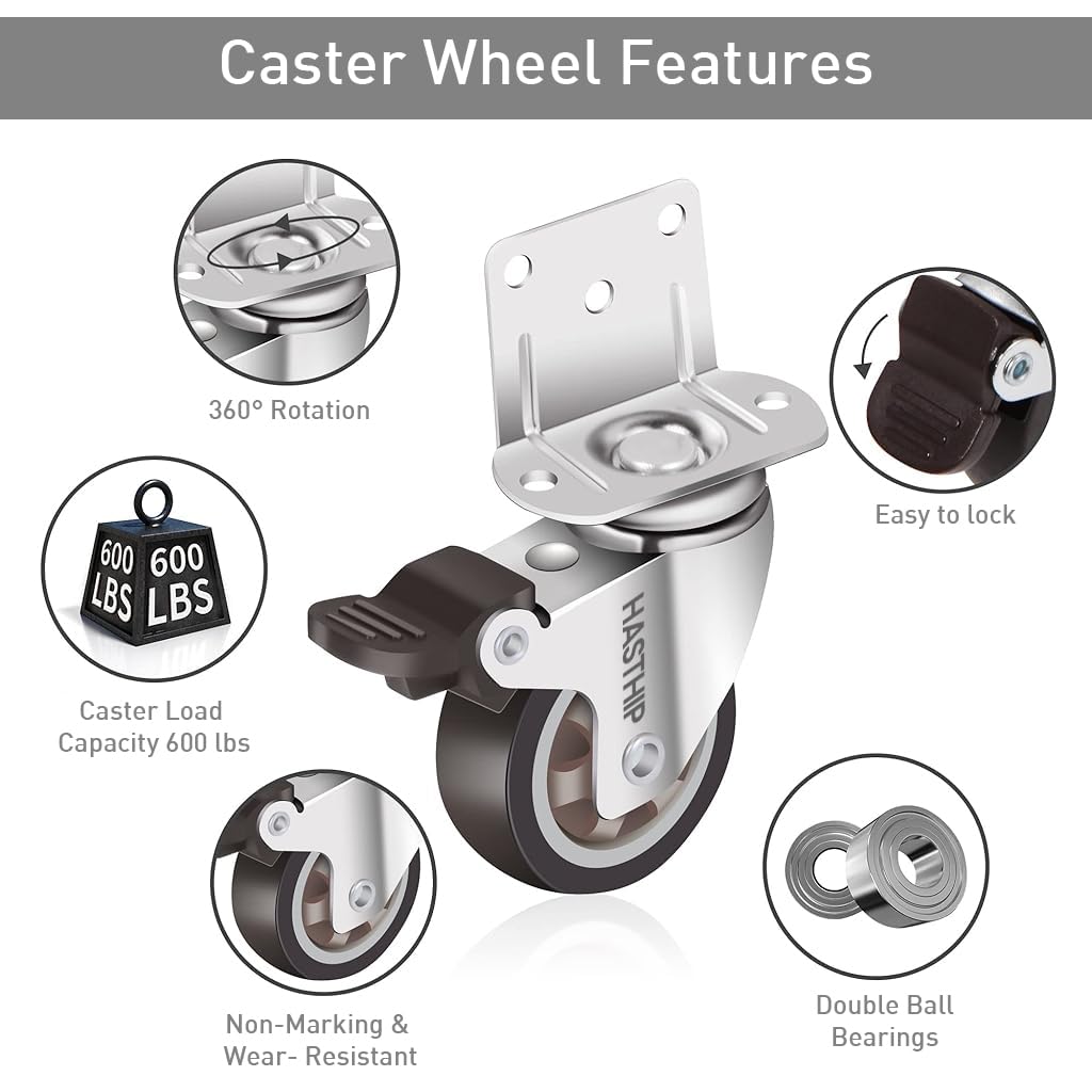 HASTHIP Swivel Caster Wheels Set for Furniture and Cabinets featuring Screw Mount Design and 2-Inch Rubber Casters supporting 600 lbs | Smooth Silent Mobility