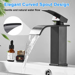 HASTHIP® Matte Black Waterfall Bathroom Faucet, Stainless Steel Single Handle Mixer Sink Faucet, Deck-Mounted Single Hole Vanity Faucet with Curved Spout, Modern Lavatory Basin Tap