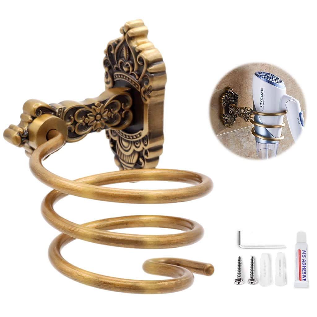 HASTHIP Hair Dryer Stand for Bathroom with Glue and Screws featuring 9.4×10.3×14cm Aluminum Spiral Rack | Retro Bronze Wall Mount Organizer