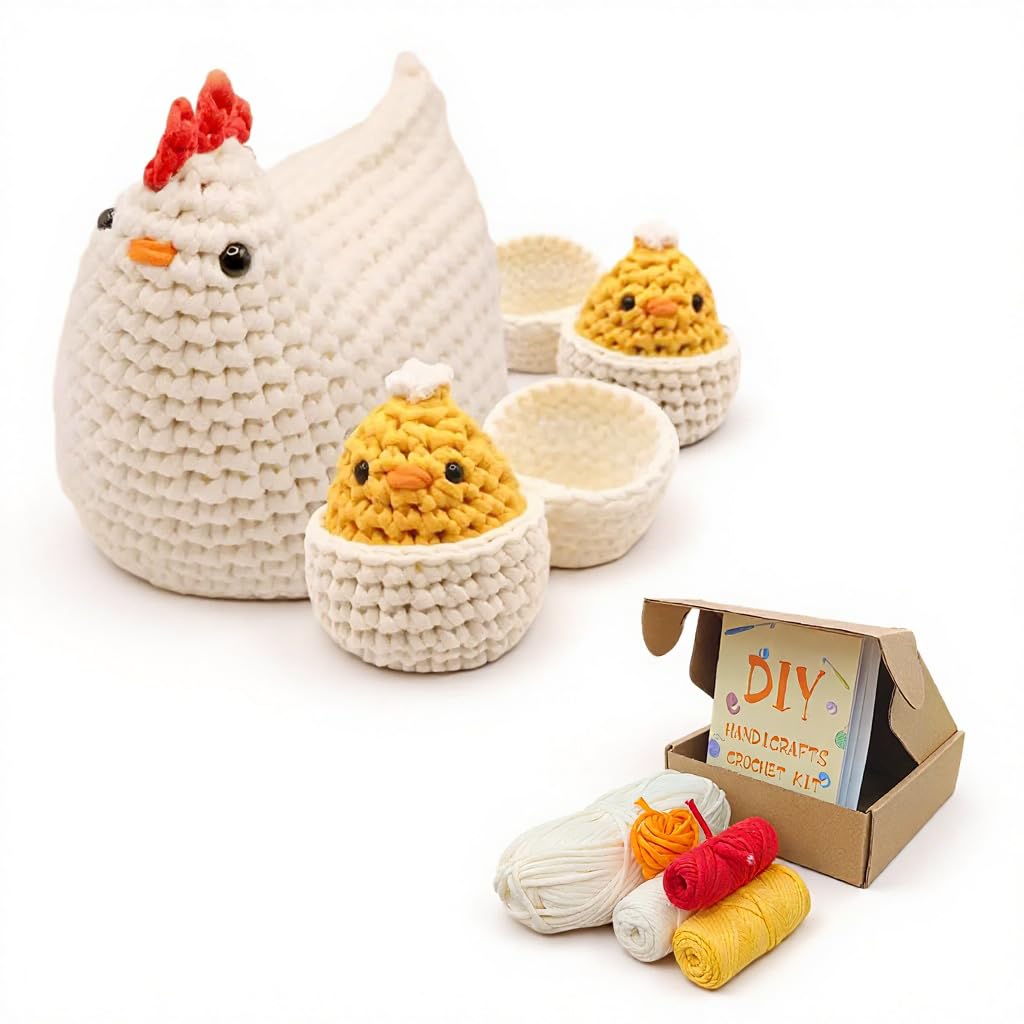 HASTHIP® DIY Cartoon Chick Crochet Kit 'The Hen's Family, Amigurumi Chicken DIY Set with Yarn, Hook, Safety Eyes, Stuffing & Step-by-Step Guide, Make Mother Hen & 3 Chicks Plush Toys Gift Craft Kit