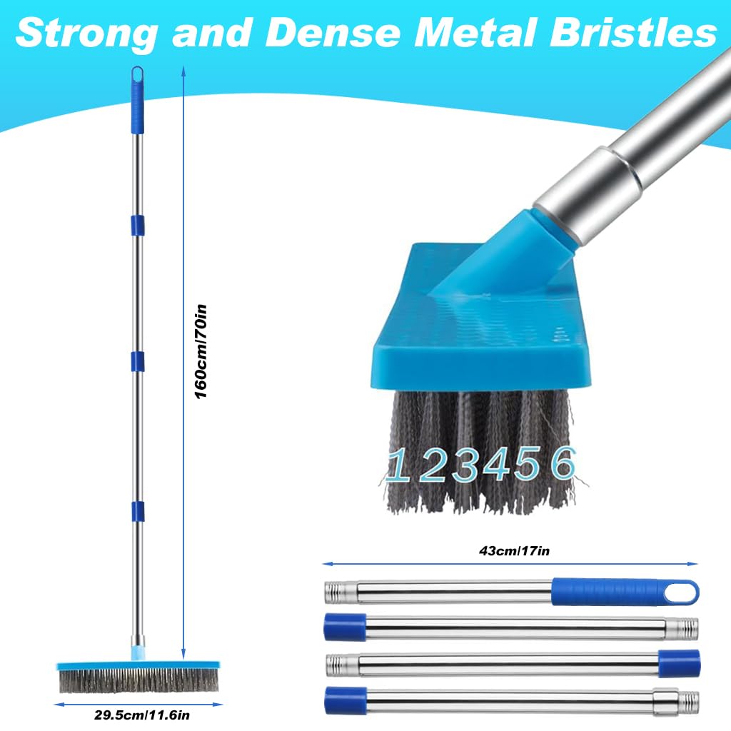 HASTHIP Stainless Steel Wire Floor Scrubber for Garden and Balcony with 63 in Adjustable Handle | 11.8 in Wide Brush for Wet and Dry Cleaning
