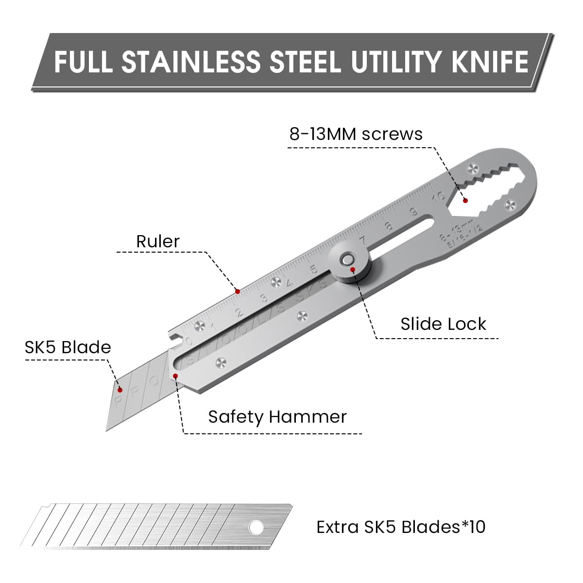 HASTHIP® Stainless Steel Utility Knife, Heave Duty Full Stainless Steel Retractable Box Cutter with 10PCS replaceable Blades, Multi-functional Extended Razor Knife for Office, Home, School
