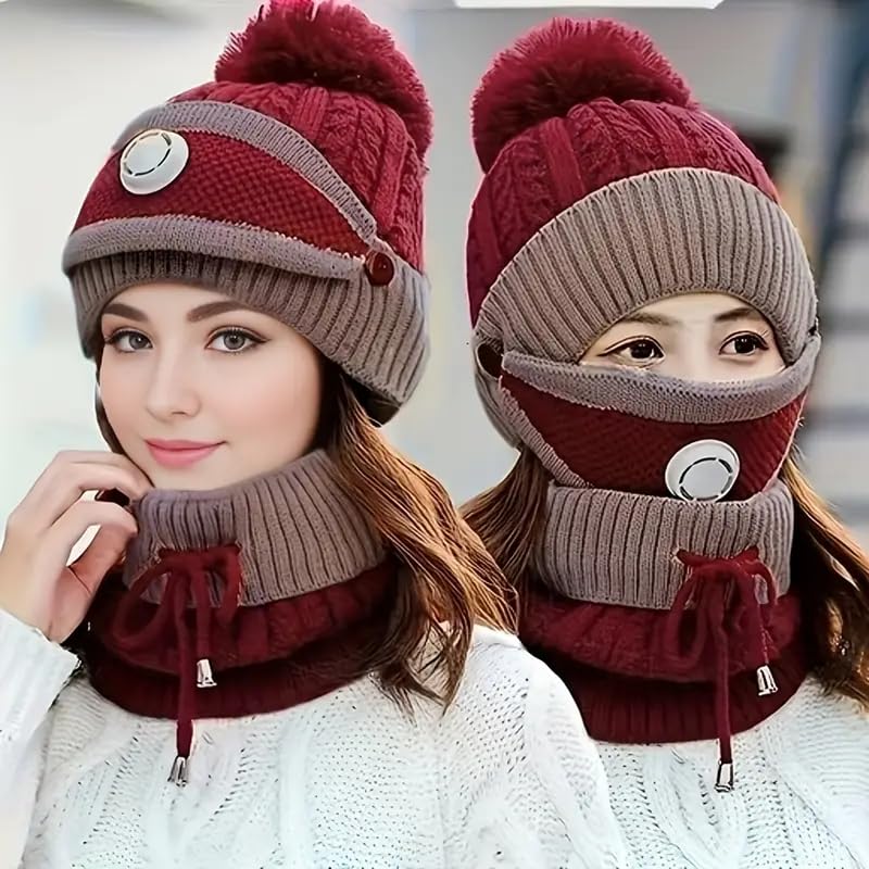 HASTHIP® Conjunto de 3 piezas gorro de punto invierno para mujer,gorro cálido engrosado con bufanda y mascarilla lana,color vino