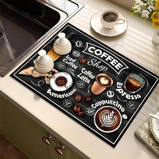 HASTHIP® Vintage Coffee Print Kitchen Drying Mat Super Absorbent Stain-Hiding Dish Pad with Non-Slip for Coffee Machines Countertops-Black