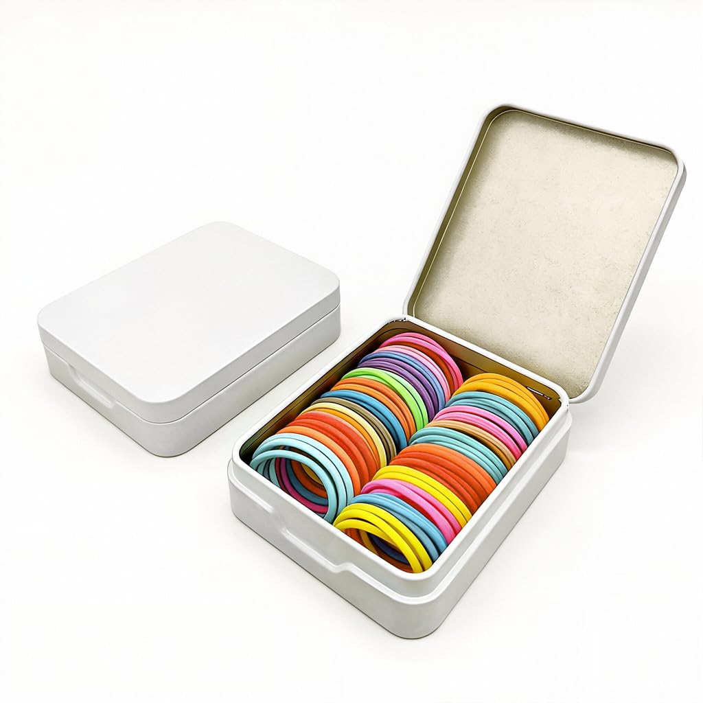 HASTHIP® 2Pcs Small Metal Tin Boxes with Lids - Rectangular Hinged Small Storage Box Flip up Accessories Organizer Containers for Candies, Chocolates, Hair Bands, Gifting, 9.3x7.5x2.6 Cm (White)