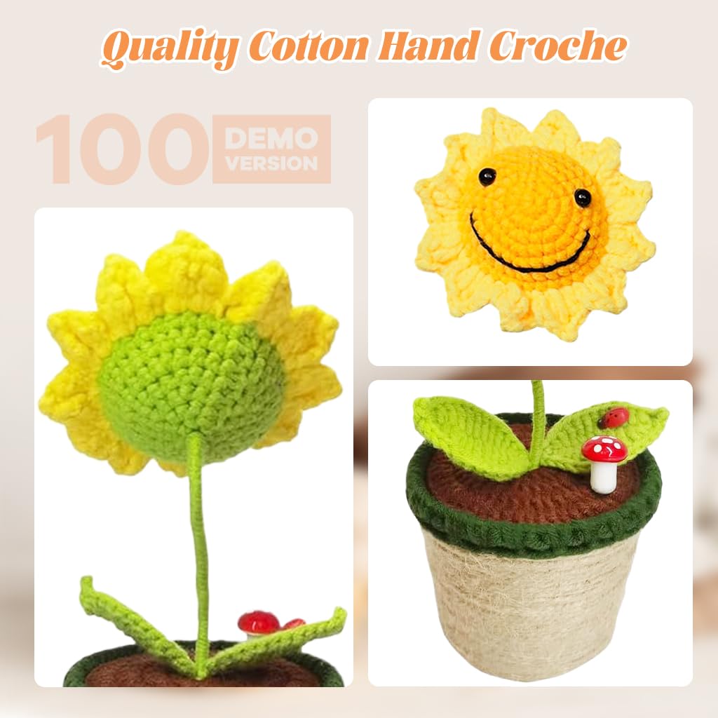 HASTHIP® Crochet Flower Crochet Sunflower Pot Home Decor Mini Handmade Crochet Sunflower Desk Decoration Car Interior Ornament Smile Sunflower Flower Pot Sunflower Artificial Flower Decoration Gift