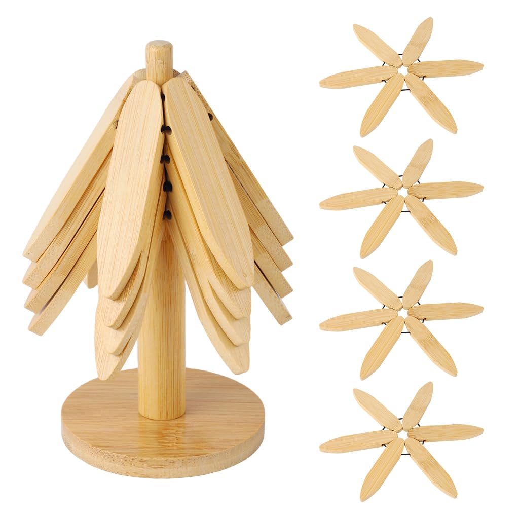 HASTHIP® Wooden Trivets for Hot Dishes, Tree Shape Trivet Set, Heat Resistant Wooden Pot Holders, Natural Bamboo Kitchen Table Protectors, Decorative Coasters for Cookware and Bowls