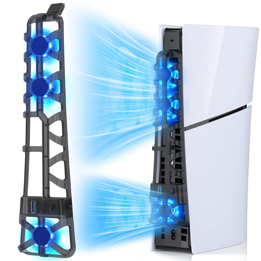 HASTHIP® Ventilador LED para PS5 Slim,Enfriador Silencioso con Memoria,Accesorio con 3 Ventiladores y Puerto USB 3.0 Compatible Consola Digital y de Disco Sistema de Refrigeración
