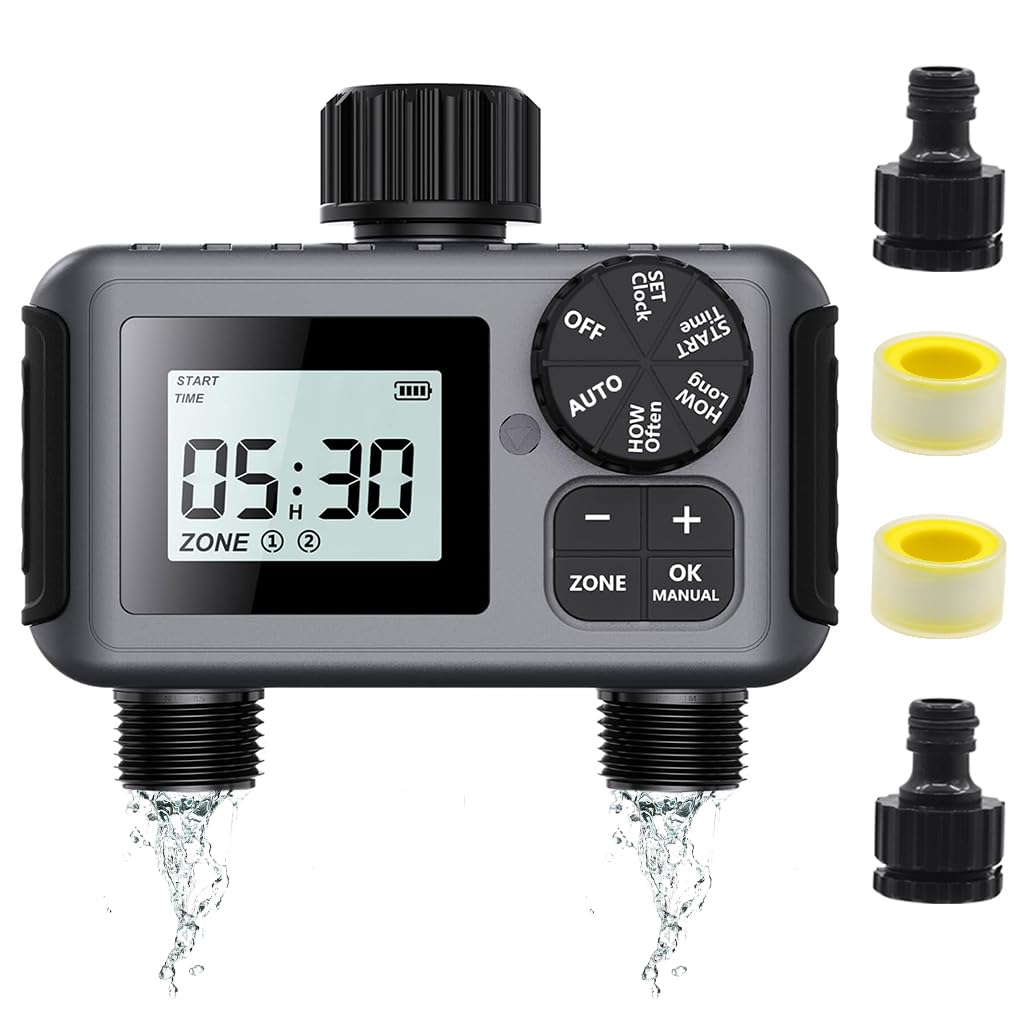 HASTHIP® Smart Garden Watering Timer Programmable Hose Faucet Timer with 2-Outlet LCD Digital Watering Timer IP55 Waterproof Outdoor Watering Timer Universal Watering Timer