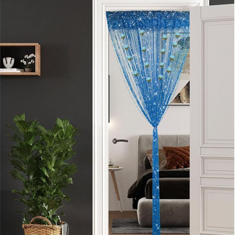HASTHIP Thread Curtain for Doorway and Window Decor featuring 3.3ft x 6.6ft Blue Flower Strings | Polyester Partition Panel
