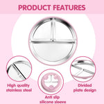 HASTHIP Steel Plates for Kids featuring 3 Compartments and Silicone Suction Base | 9 in Rustproof Stainless Toddler Dish
