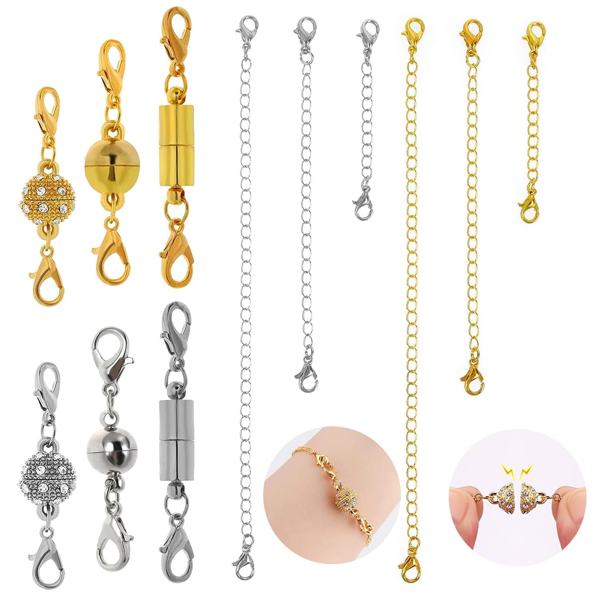 HASTHIP® 12 Piezas Cierres Magnéticos para Joyería y Extensores de Collares de Oro y Plata,Cadenas Ajustables Diferentes Tamaños Estilos,Extensores Cierres Magnéticos Resistentes