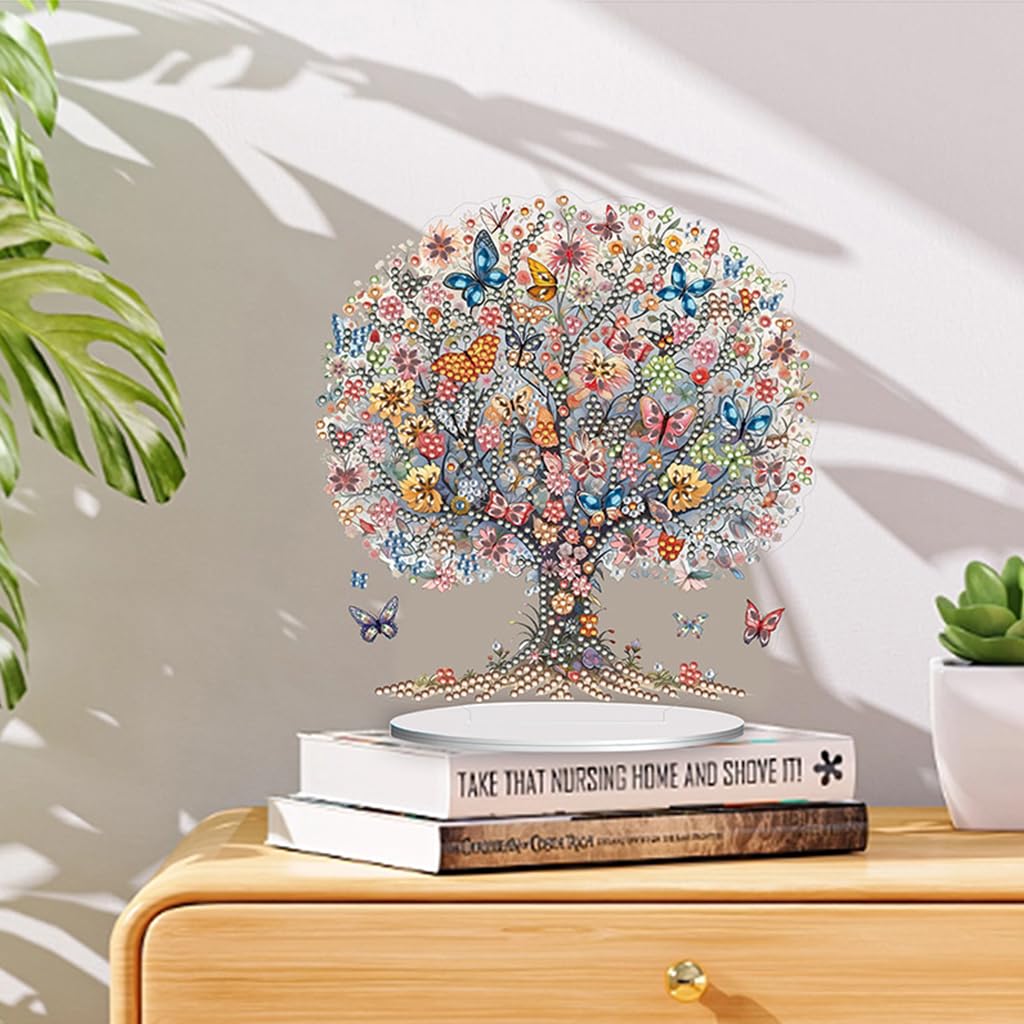 HASTHIP® 5D DIY Diamond Painting Kit Desk Decor with Base Colorful Life Tree Color Acrylic 5D DIY Diamond Art Painting Tabletop Ornaments Beginners 5D DIY Diamond Painting Kit Home Gift