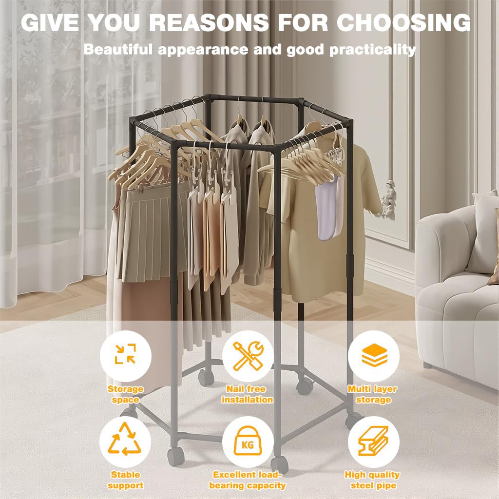 HASTHIP Cloth Hanger Rack for Laundry Room featuring Hexagon Design with 360° Wheels | Stainless Steel 35x74.5x120cm