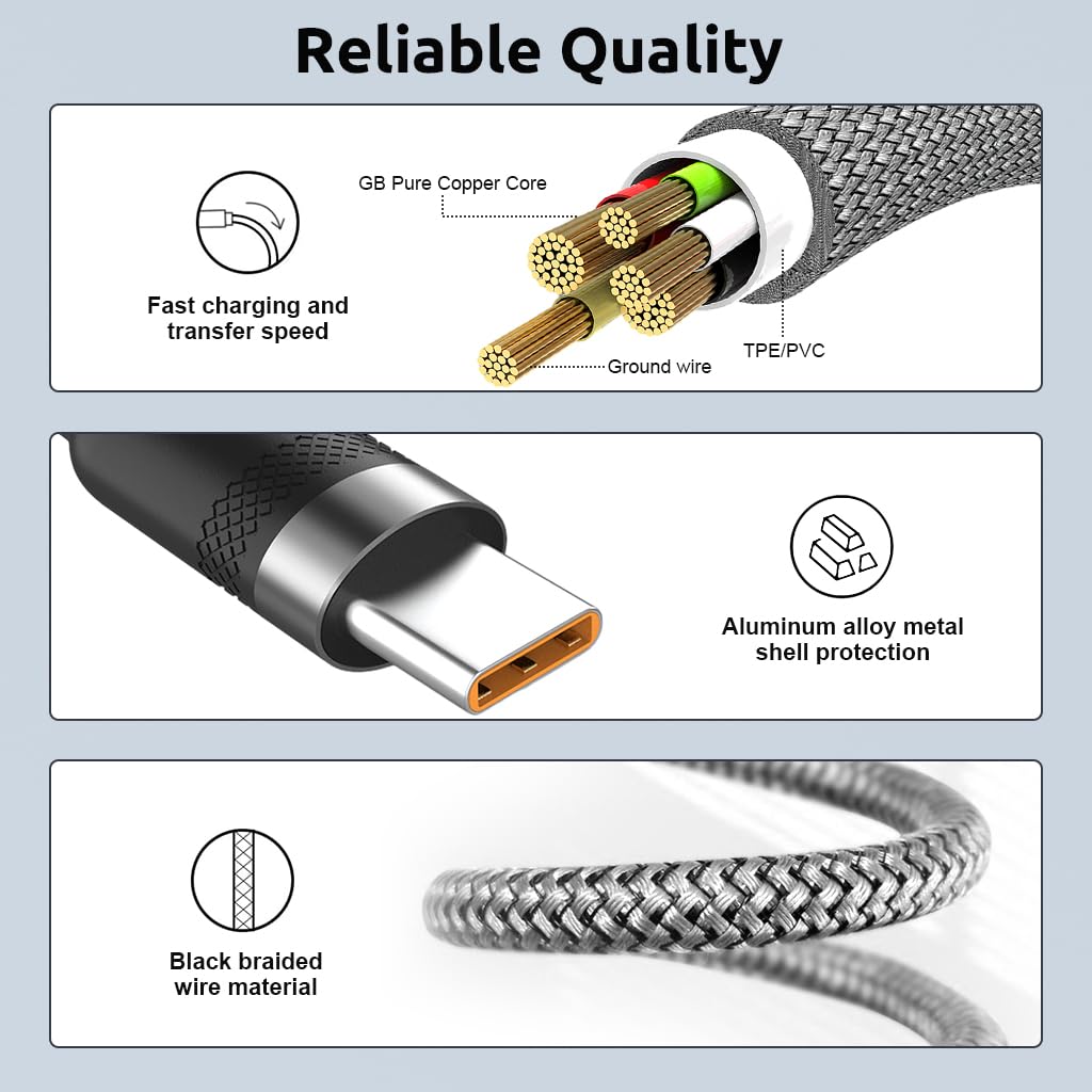 Type C Charging Cable 62W 3.1A Fast Charging Cable 10Ft Long Type C Charging Cable Data Cable Support